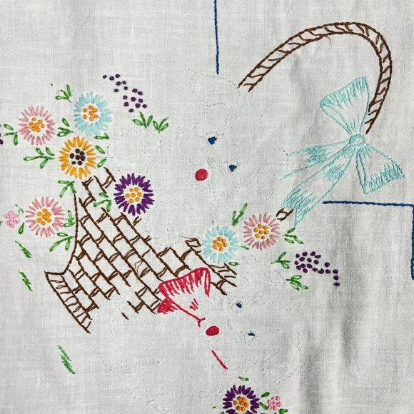2 VTG kitchen Tablecloth Material 33in x 33in Hand Embroidered Flowers 1950s MCM - Picture 13 of 16